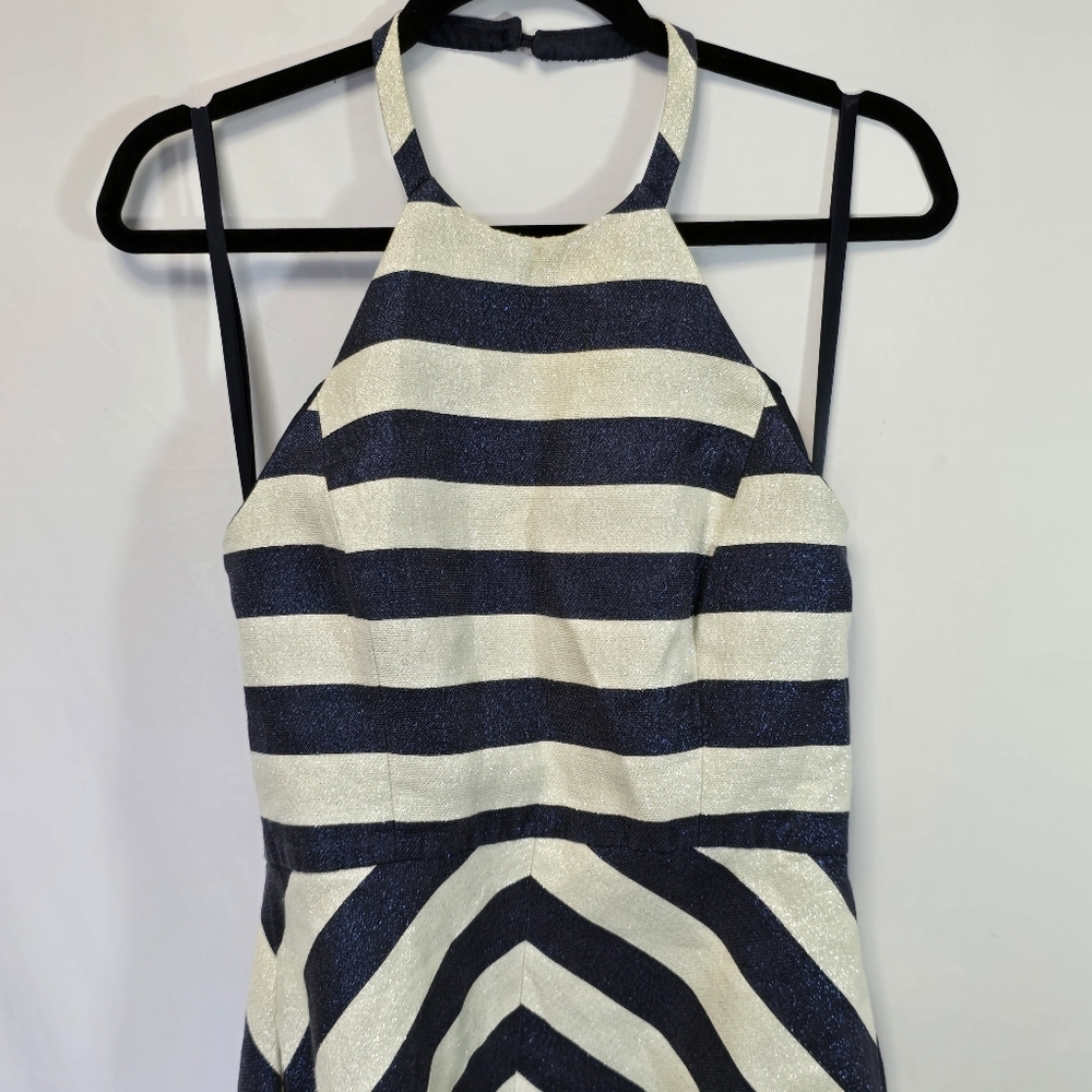 Shoshanna Midnight Metallic Silver Blue Stripe Halter Evening Dress Prom Wedding - Picture 8 of 13